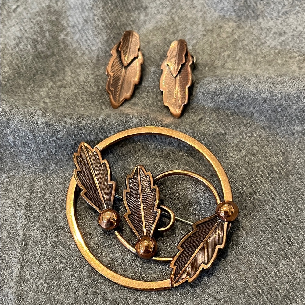 Copper by Bell Leaf Brooch & Earring Set